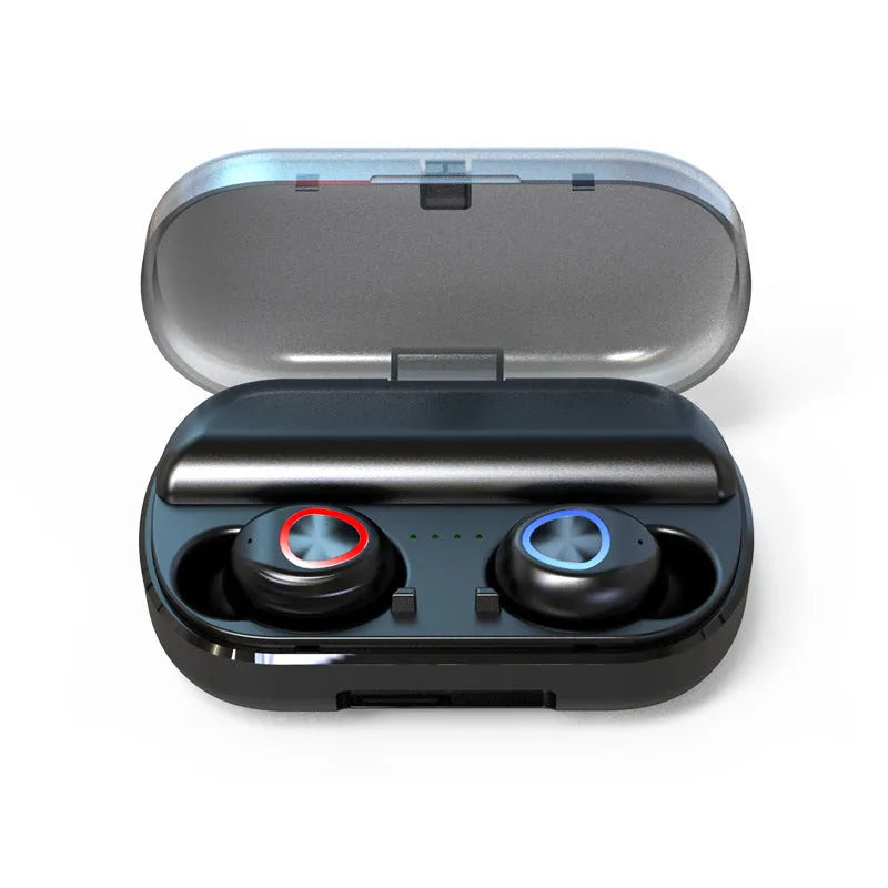 Black V8 shell sports wireless Bluetooth headset with earplug design.