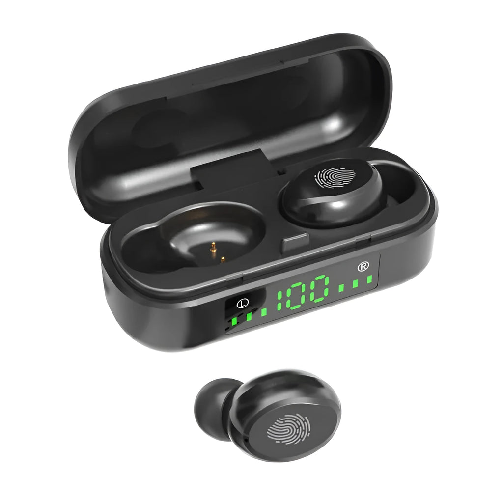 Black V8 shell sports wireless Bluetooth headset with earplug design.