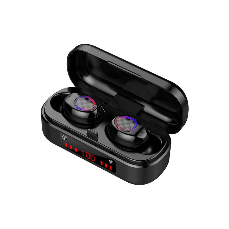 Black V8 shell sports wireless Bluetooth headset with earplug design.