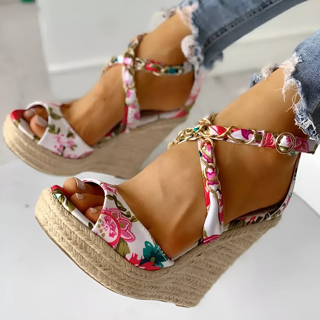 Plus size women's wedge heel sandals with cloth upper, buckle closure, and non-slip rubber sole in black