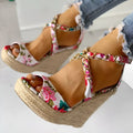 Plus size women's wedge heel sandals with cloth upper, buckle closure, and non-slip rubber sole in black