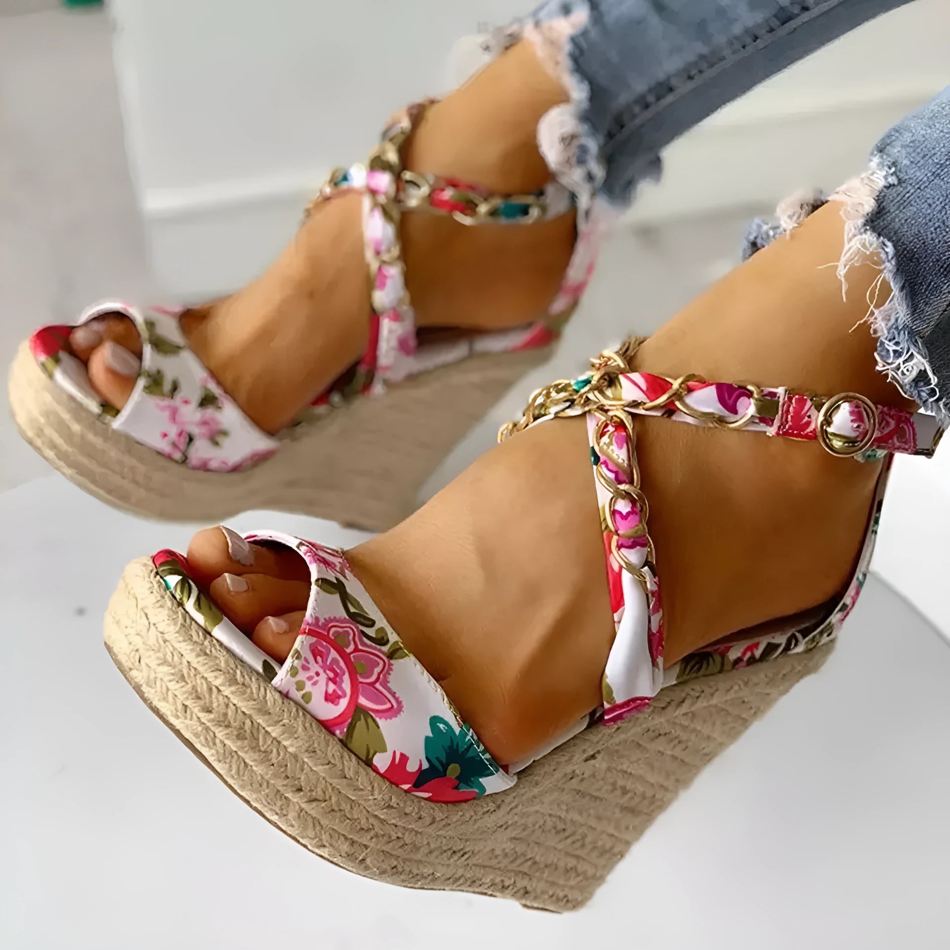 Plus size women's wedge heel sandals with cloth upper, buckle closure, and non-slip rubber sole in black