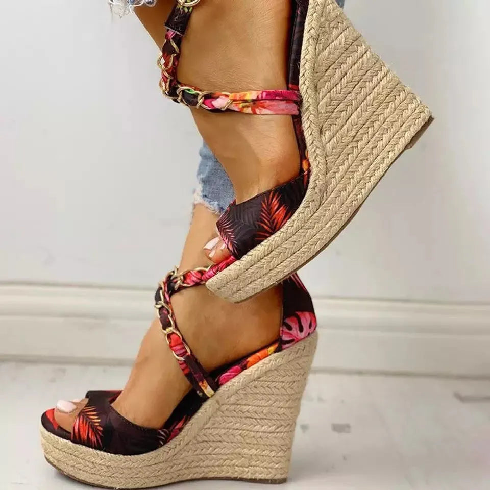 Plus size women's wedge heel sandals with cloth upper, buckle closure, and non-slip rubber sole in black