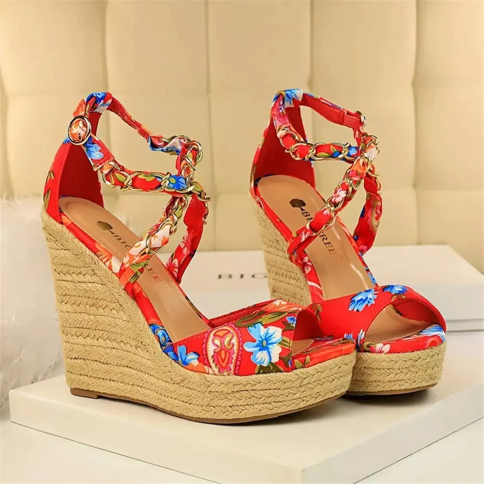 Plus size women's wedge heel sandals with cloth upper, buckle closure, and non-slip rubber sole in black
