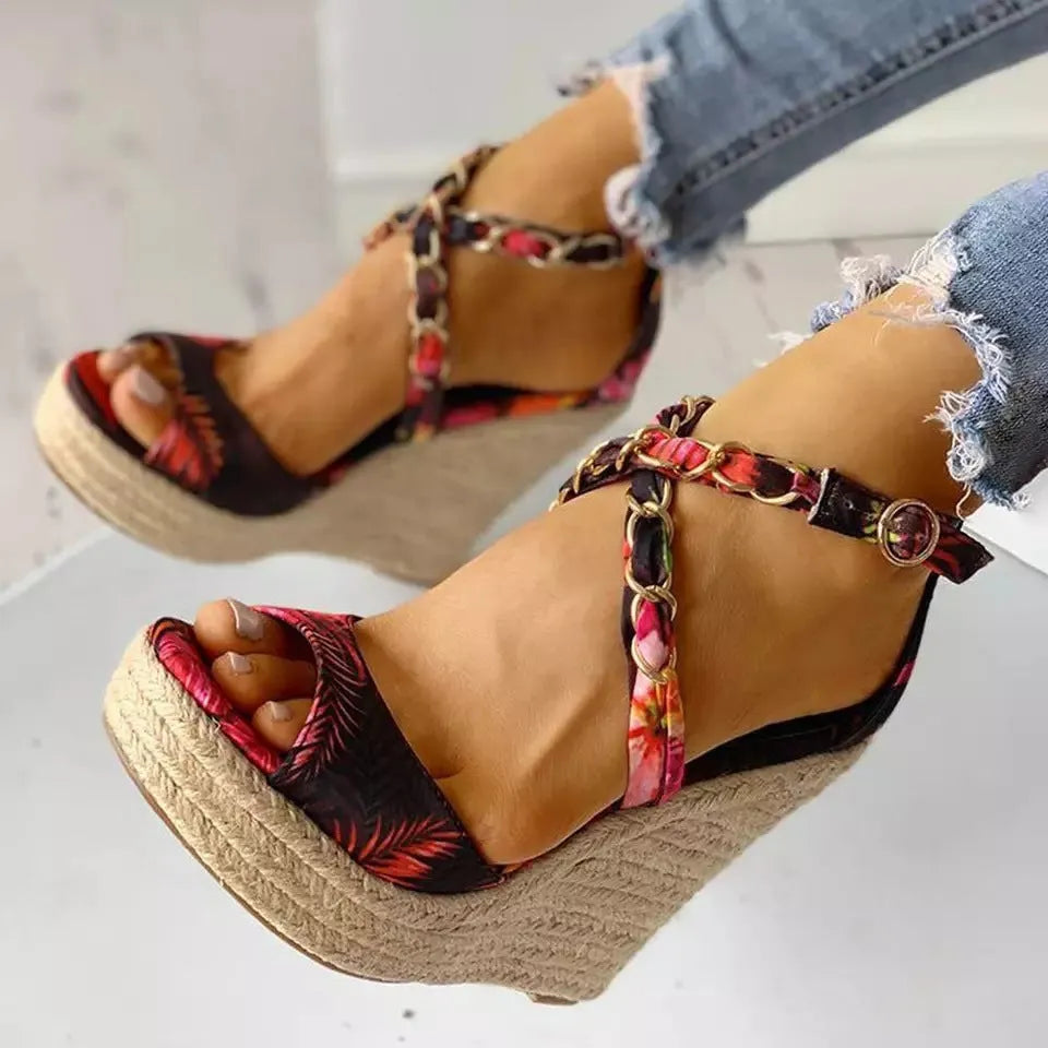 Plus size women's wedge heel sandals with cloth upper, buckle closure, and non-slip rubber sole in black