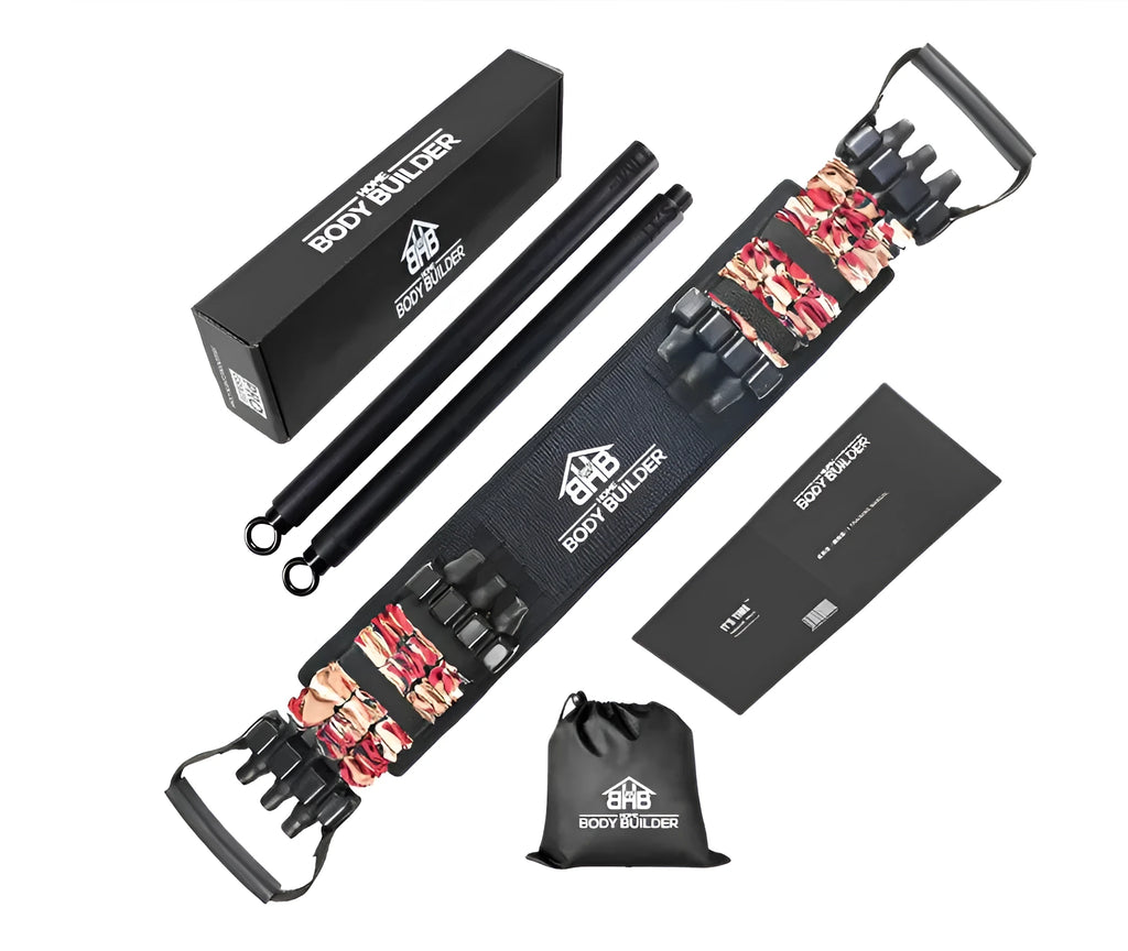 Camouflage bench press elastic belt with three-level resistance adjustment on a workout bench