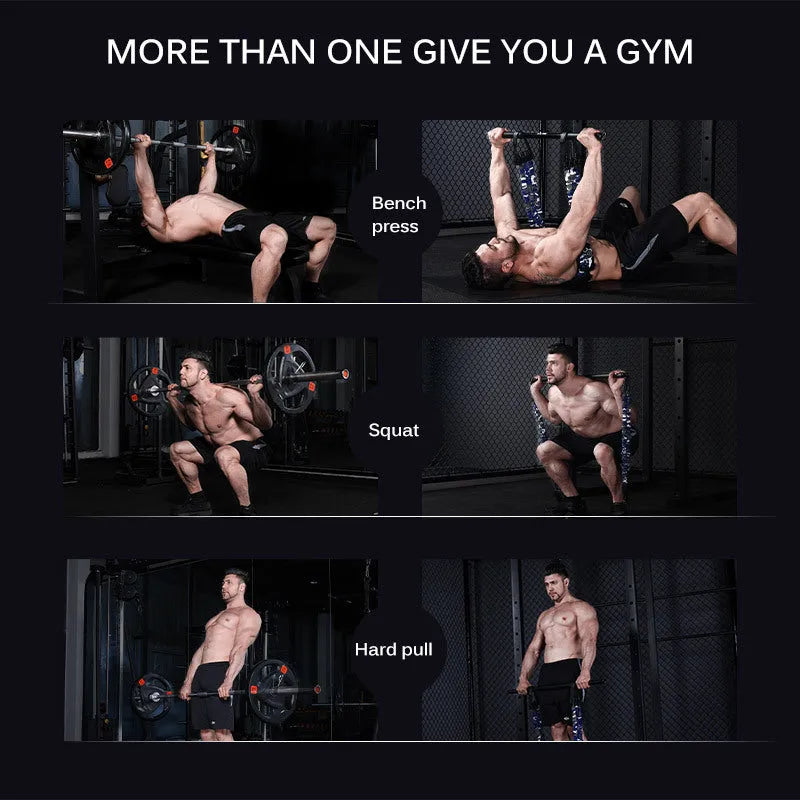 Camouflage bench press elastic belt with three-level resistance adjustment on a workout bench