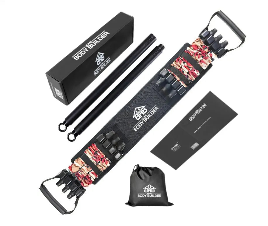 Camouflage bench press elastic belt with three-level resistance adjustment on a workout bench