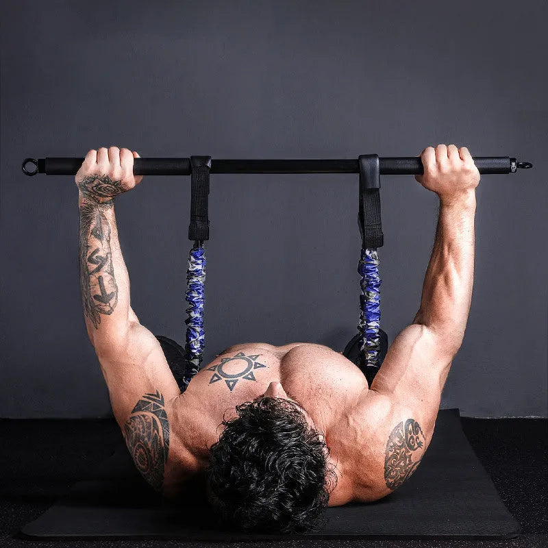 Camouflage bench press elastic belt with three-level resistance adjustment on a workout bench