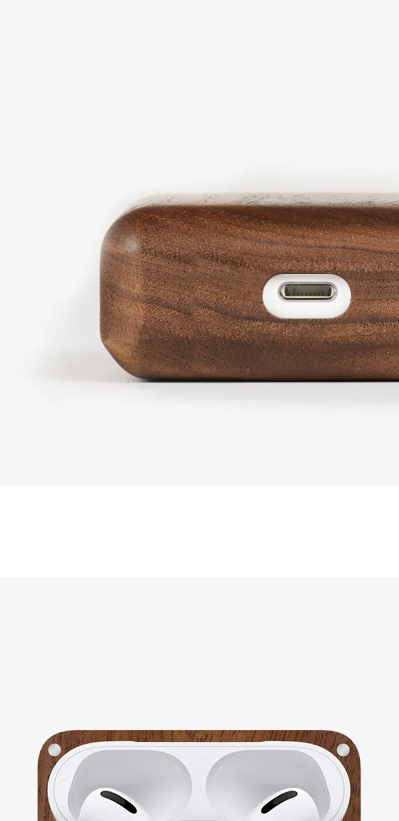 Solid wood Bluetooth earphone sleeve in choices of bamboo, cherry, maple, walnut, or huali wood.