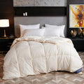 Goose down winter duvet with twill weave fabric in blue grey colour on bed