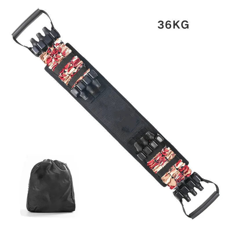 Camouflage bench press elastic belt with three-level resistance adjustment on a workout bench