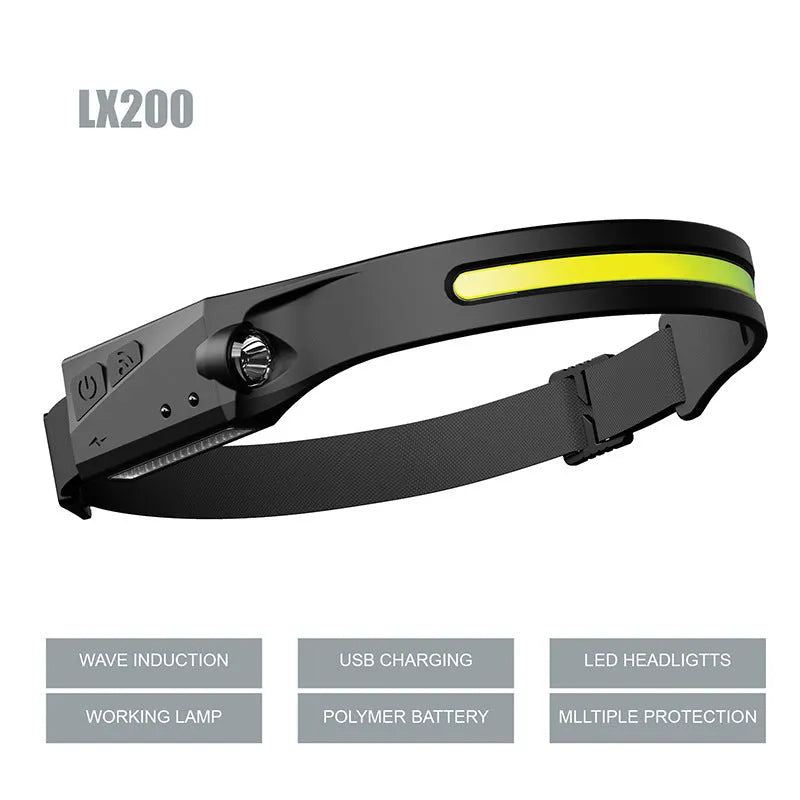 Black silicone induction running light with strap, showing touch sensor and compact 55x35x100mm size.