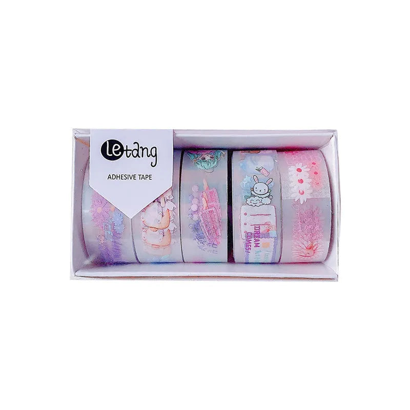 Five rolls of colourful washi paper sticker tape with cartoon designs of dinosaurs, ducks, cats, girls, and rabbits.