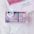 Five rolls of colourful washi paper sticker tape with cartoon designs of dinosaurs, ducks, cats, girls, and rabbits.