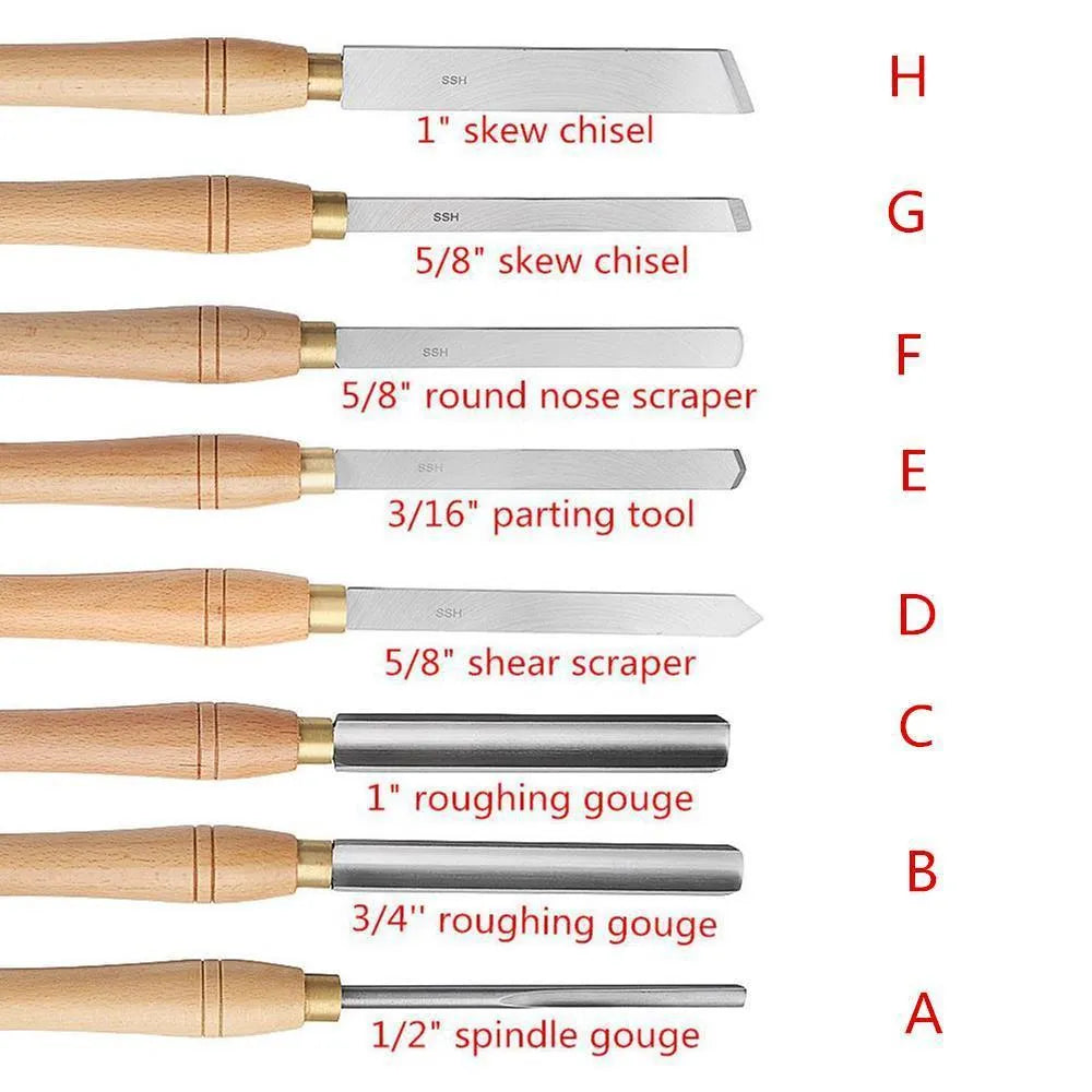 Set of eight woodturning chisels with wooden handles stored in a wooden presentation box.