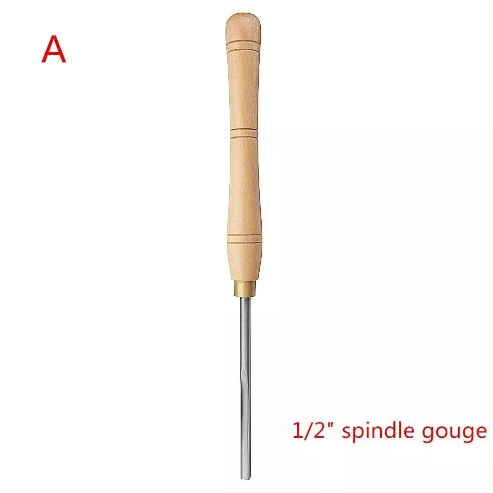Set of eight woodturning chisels with wooden handles stored in a wooden presentation box.