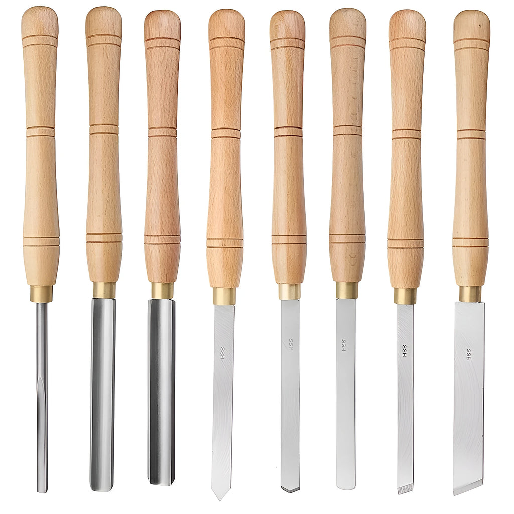 Set of eight woodturning chisels with wooden handles stored in a wooden presentation box.