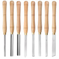 Set of eight woodturning chisels with wooden handles stored in a wooden presentation box.