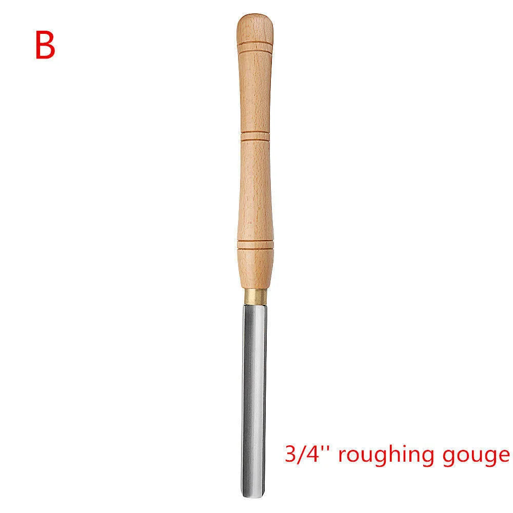 Set of eight woodturning chisels with wooden handles stored in a wooden presentation box.