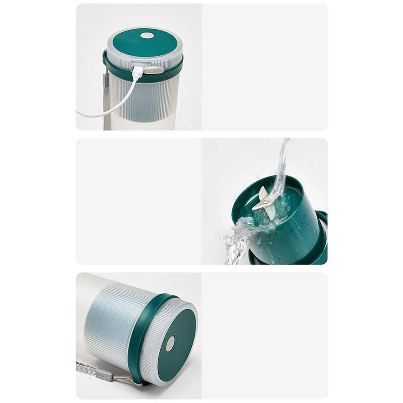 Portable pink or green electric juicer cup with USB charging port and removable lid.
