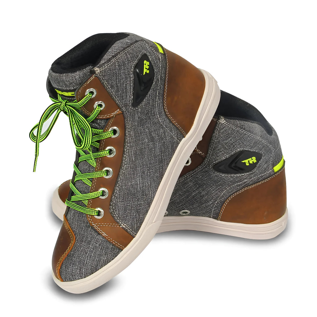 A pair of black casual short boots for motorcycle riding.