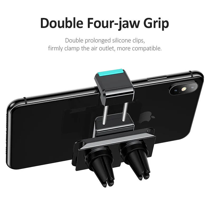 Black 360 rotating double buckle car holder clipped onto car air vent