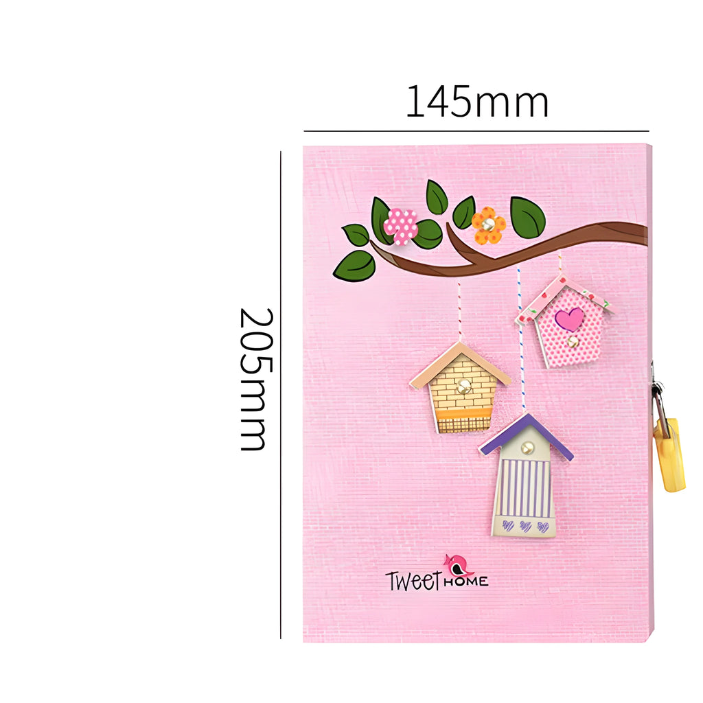 Primary school student lock diary notebook with heart design in pink, blue, green, orange colours