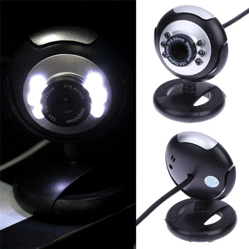 USB computer webcam with a ring of six LED lights around the lens and a manual dimming switch
