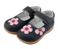 Children's leather princess shoes with square mouth, embroidery, and velcro strap in multiple colours.