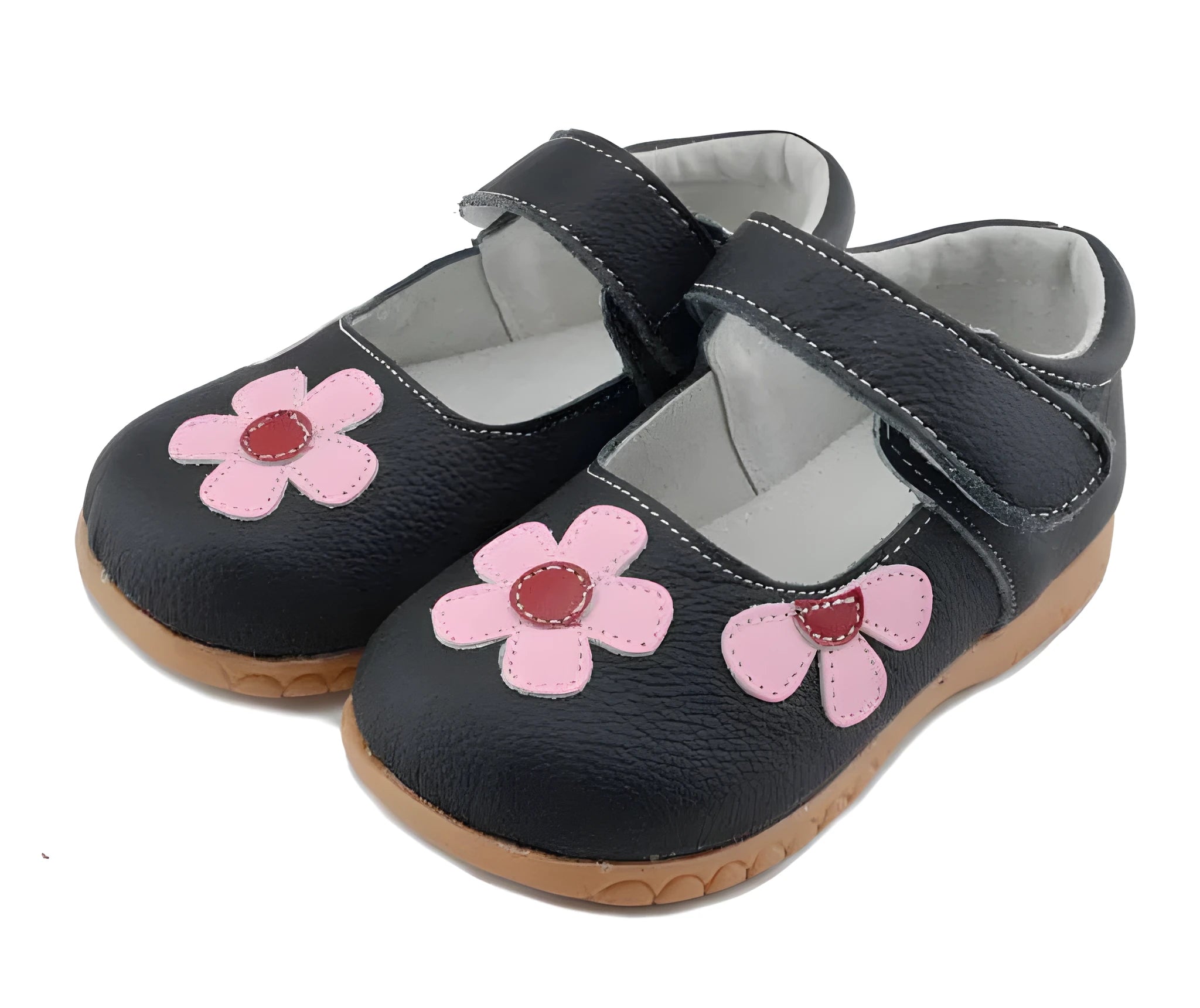 Children's leather princess shoes with square mouth, embroidery, and velcro strap in multiple colours.