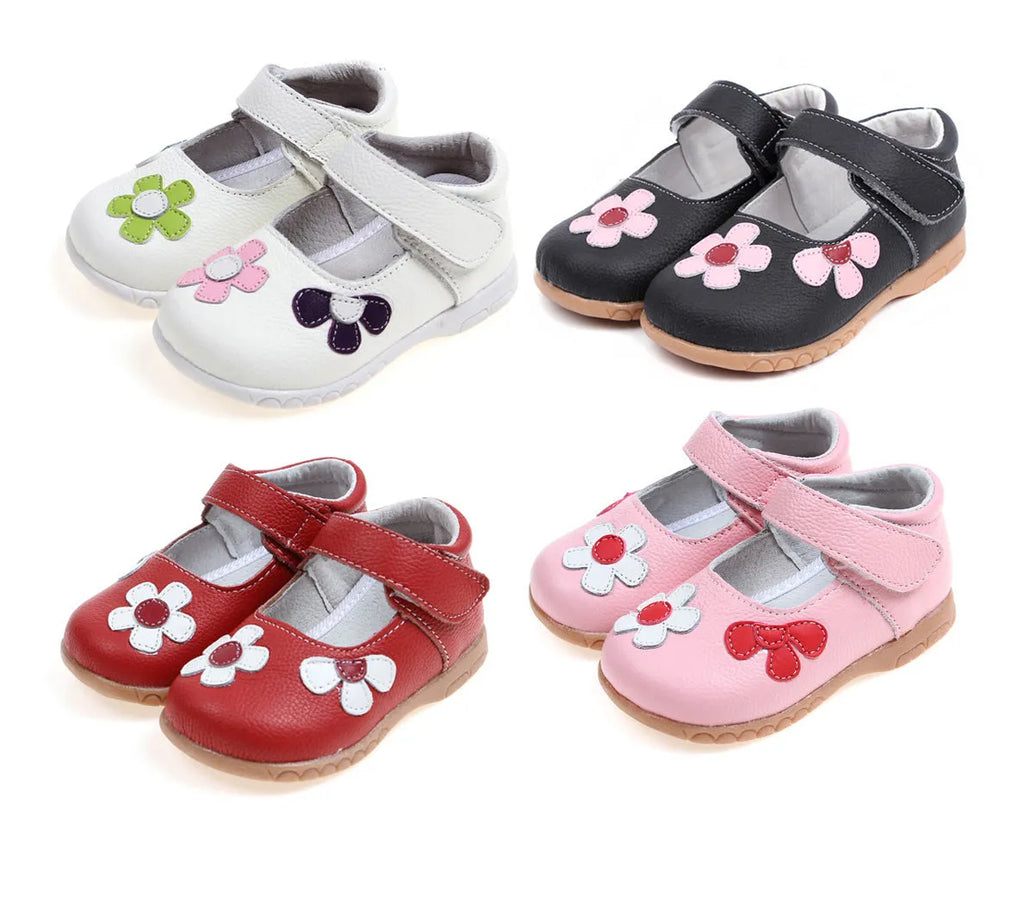 Children's leather princess shoes with square mouth, embroidery, and velcro strap in multiple colours.