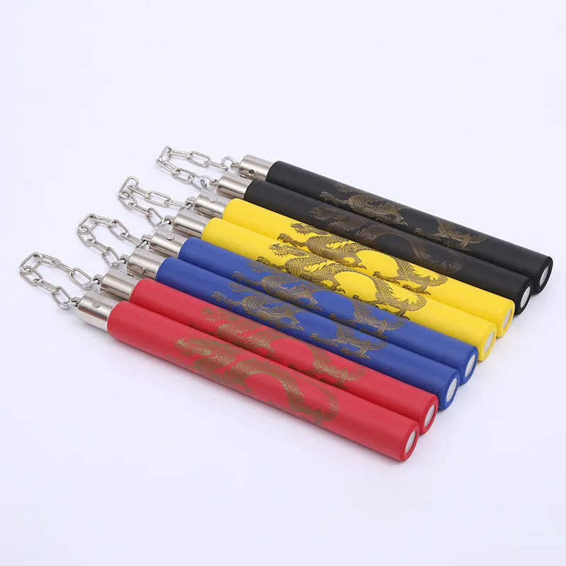 Red and blue sponge nunchakus with foam-covered sticks connected by a metal chain.