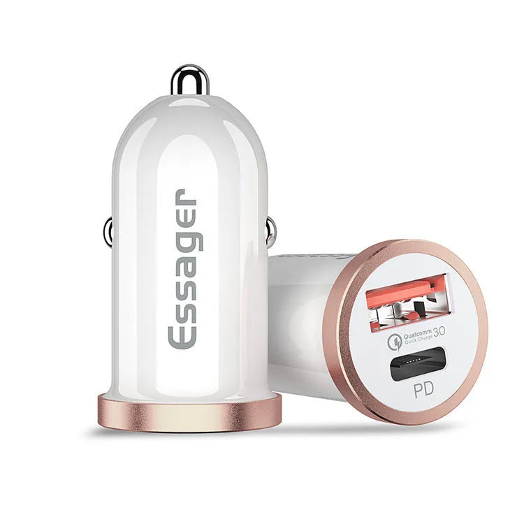 White mini 30W dual port car charger with USB and Type-C interfaces for QC3.0 and PD3.0 fast charging