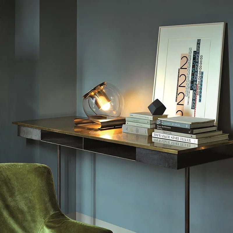 Nordic minimalist industrial table lamp with iron body and glass lampshade, 300mm diameter by 350mm height, push button switch