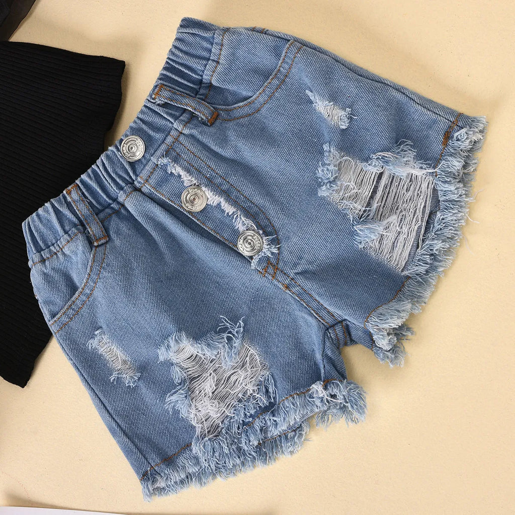 Children's striped cotton top with mesh sleeves and ripped denim shorts suit set.