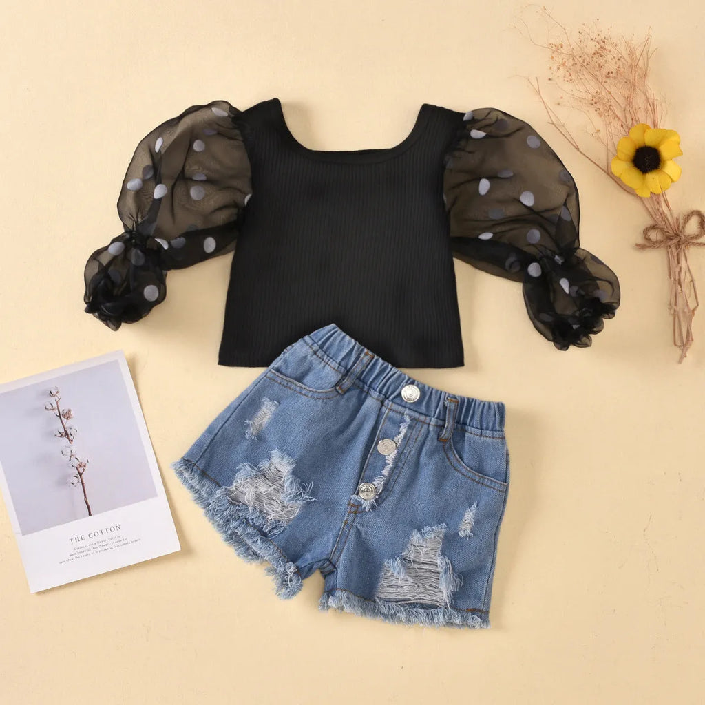 Children's striped cotton top with mesh sleeves and ripped denim shorts suit set.
