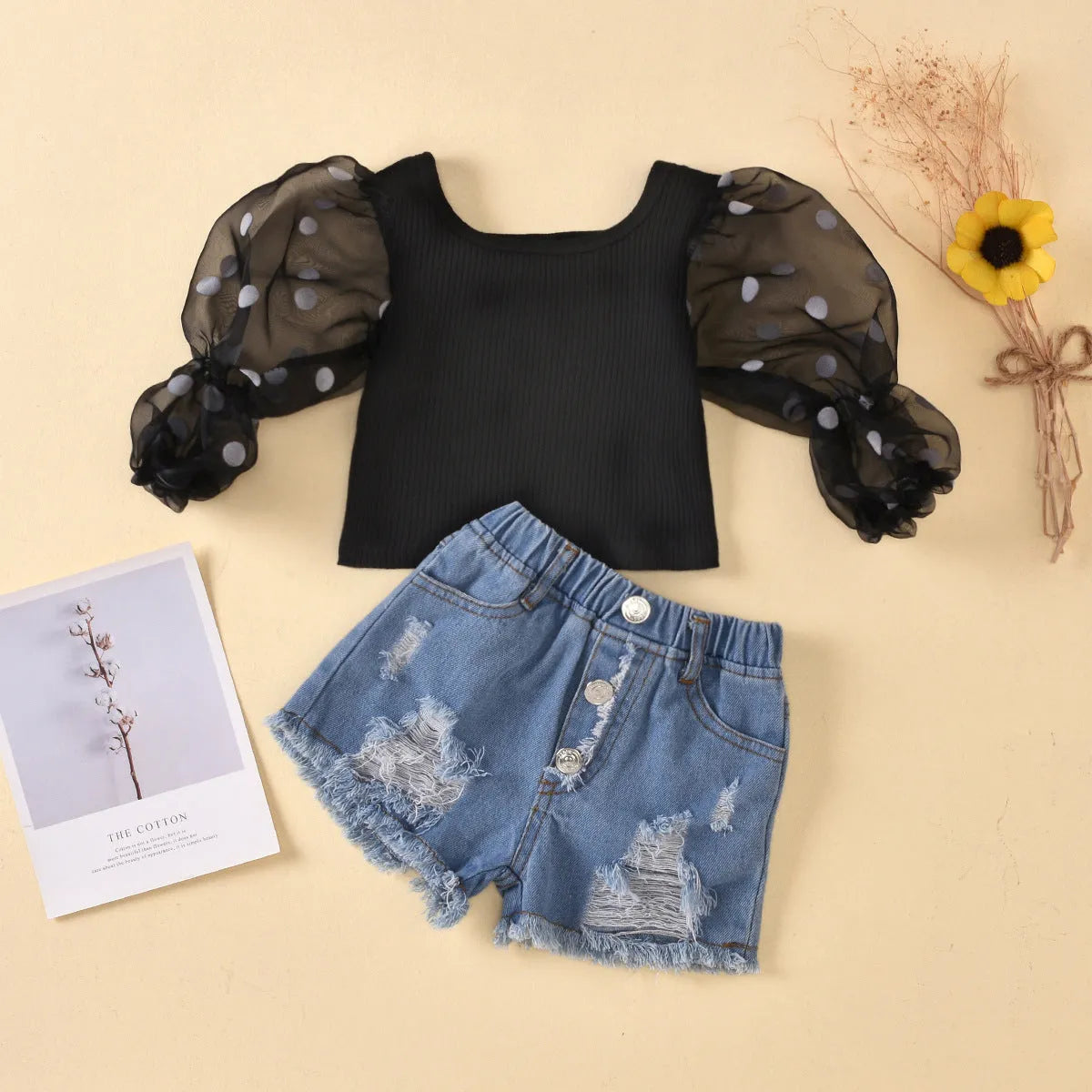 Children's striped cotton top with mesh sleeves and ripped denim shorts suit set.