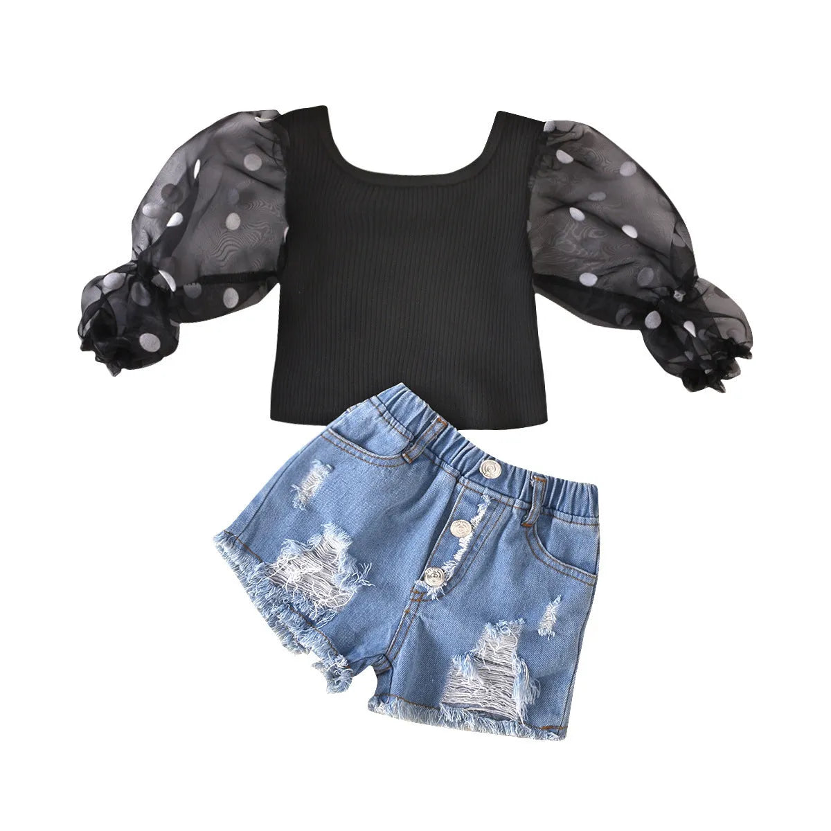 Children's striped cotton top with mesh sleeves and ripped denim shorts suit set.