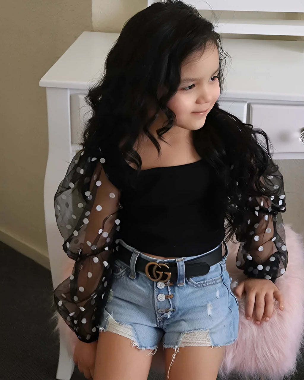 Children's striped cotton top with mesh sleeves and ripped denim shorts suit set.