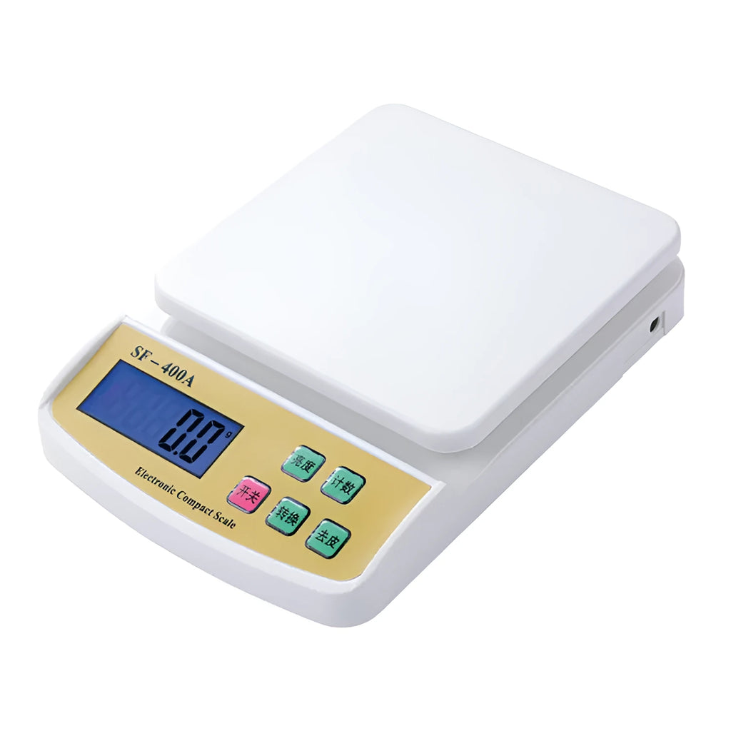 SF-400A digital kitchen scale with LCD display on a kitchen worktop.