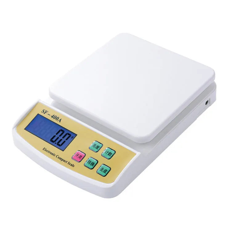 SF-400A digital kitchen scale with LCD display on a kitchen worktop.