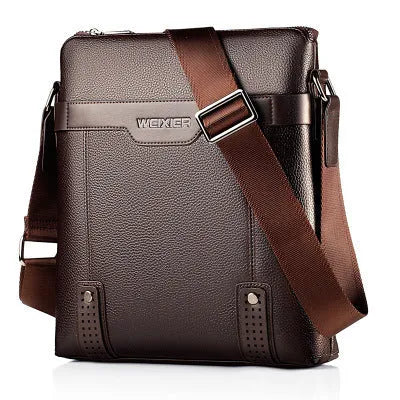 Men's black PU leather casual shoulder bag with zip, shown in a square vertical shape.