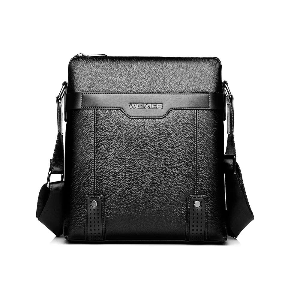 Men's black PU leather casual shoulder bag with zip, shown in a square vertical shape.