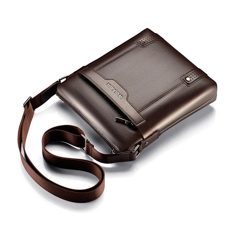 Men's black PU leather casual shoulder bag with zip, shown in a square vertical shape.