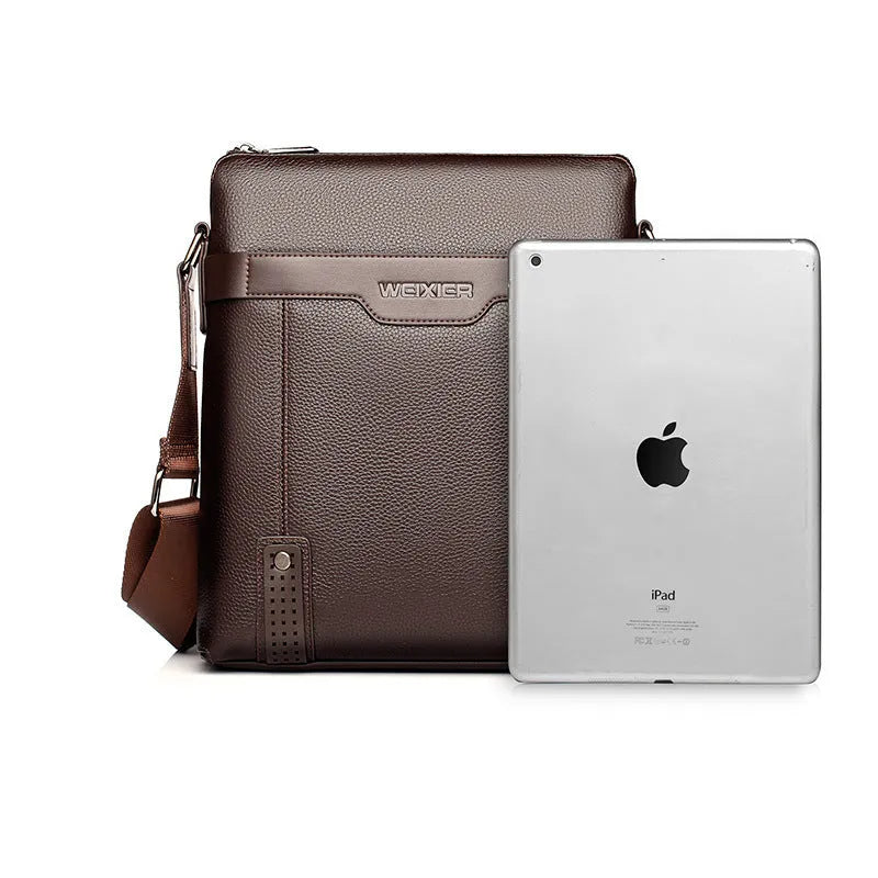 Men's black PU leather casual shoulder bag with zip, shown in a square vertical shape.