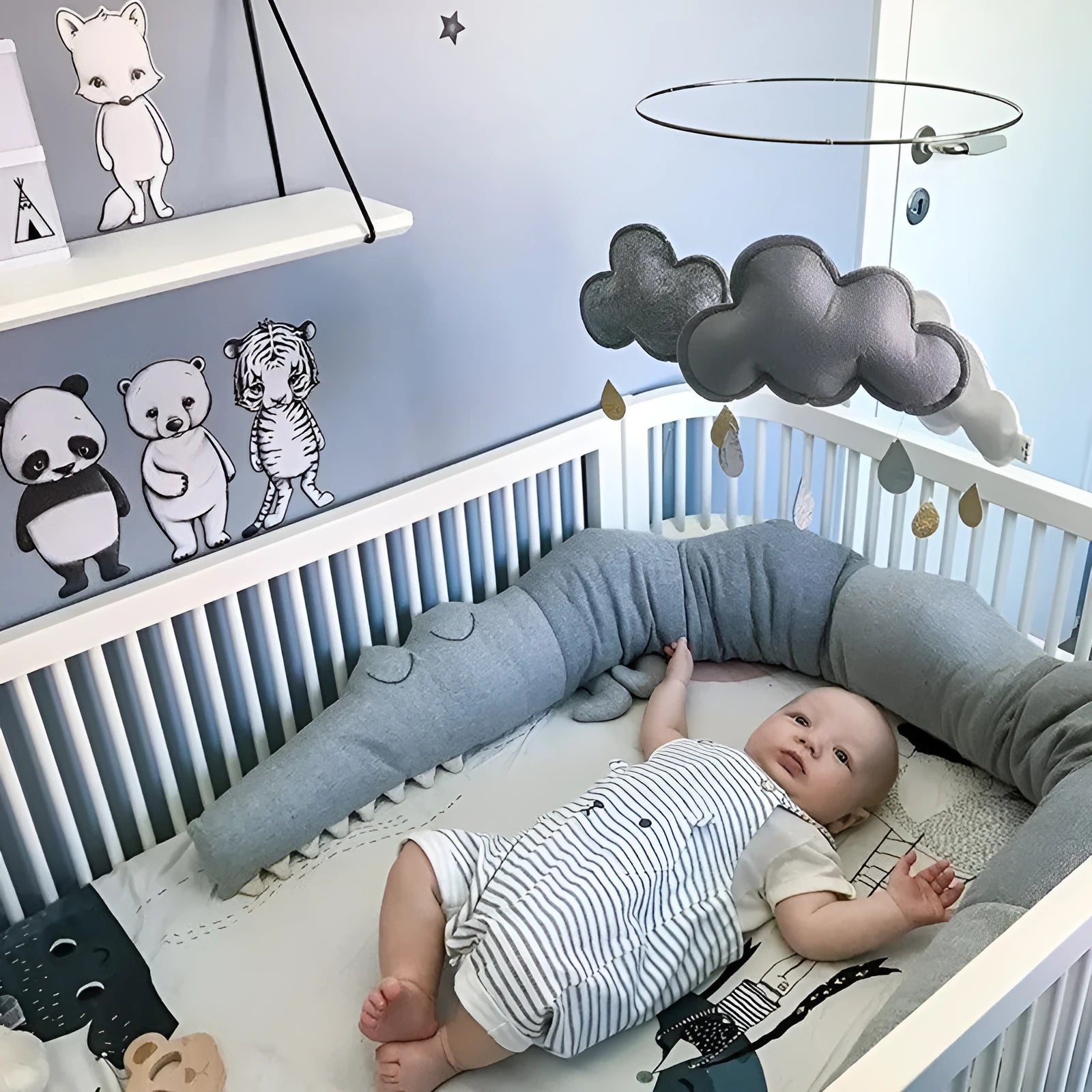 Cartoon baby crib bumper made of cotton fabric, 185cm length, available in grey or colourful for infant cot safety and nursery decoration