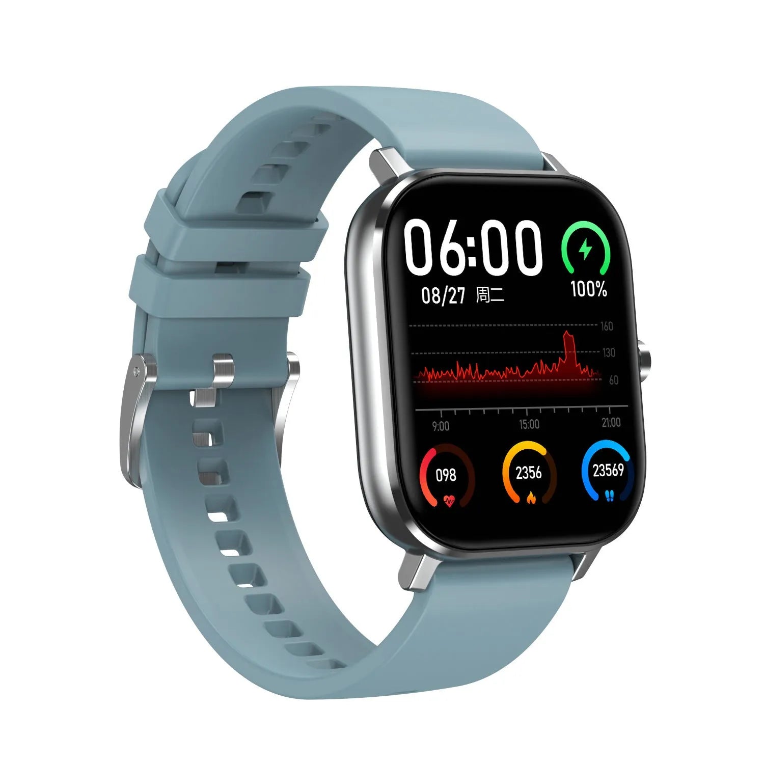 Smart bracelet with 1.54-inch screen showing health stats, shown with both silicone and mesh steel strap options.