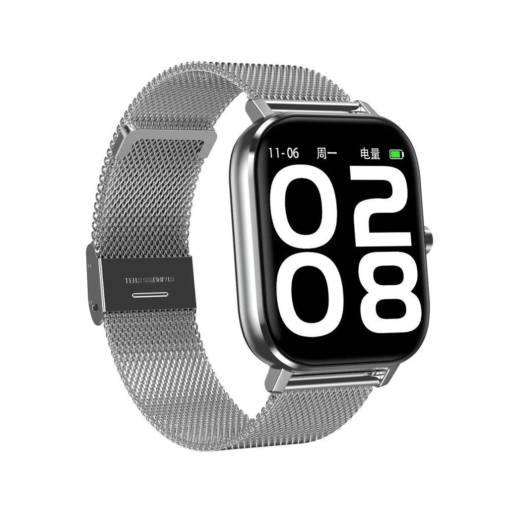 Smart bracelet with 1.54-inch screen showing health stats, shown with both silicone and mesh steel strap options.