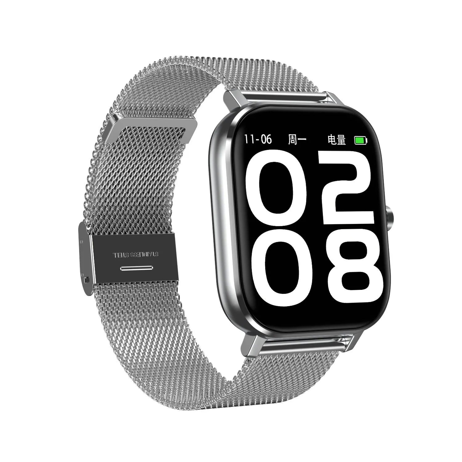 Smart bracelet with 1.54-inch screen showing health stats, shown with both silicone and mesh steel strap options.